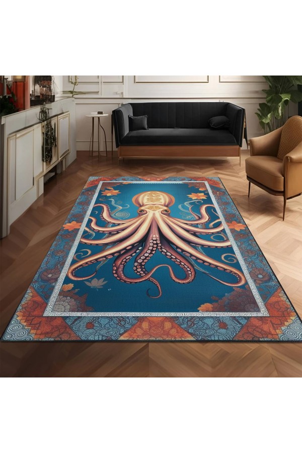Ahtapot Marin Denizci Desenli Dokuma Şönil Kilim Halı Yıkanabilir Salon Oturma Odası Mutfak Halısı