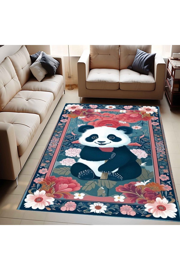 Renkli Panda Desenli Dokuma Şönil Kilim Halı Yıkanabilir Salon Oturma Odası Mutfak Halısı