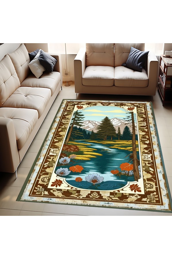 Manzara Ağaç Desenli Dokuma Şönil Kilim Halı Yıkanabilir Salon Oturma Odası Mutfak Halısı