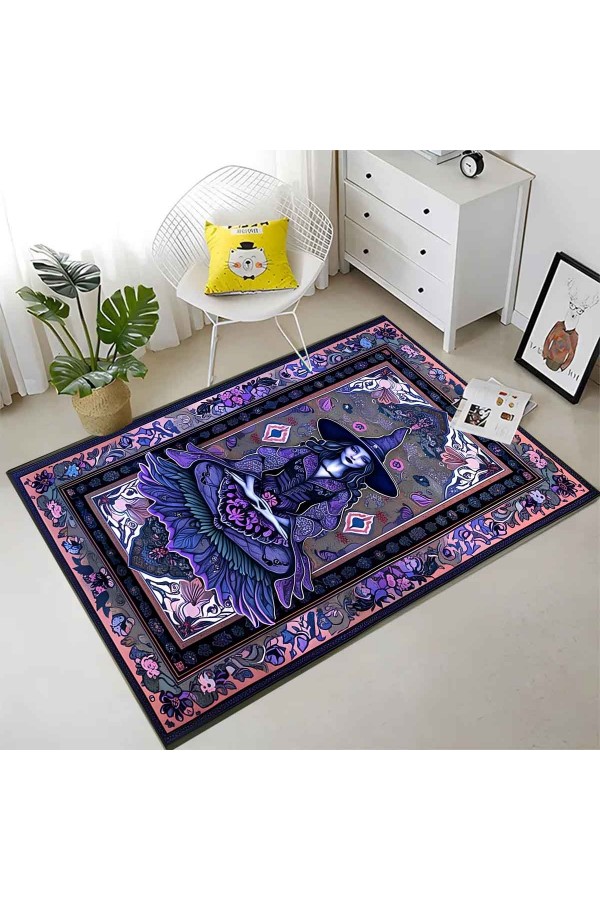 Gotik Mor Cadı Desenli Dokuma Şönil Kilim Halı Yıkanabilir Salon Oturma Odası Mutfak Halısı