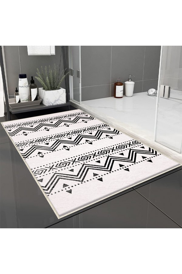Siyah Beyaz Bohem Desenli Tekli Banyo Paspas Halısı Kaymaz Yıkanabilir