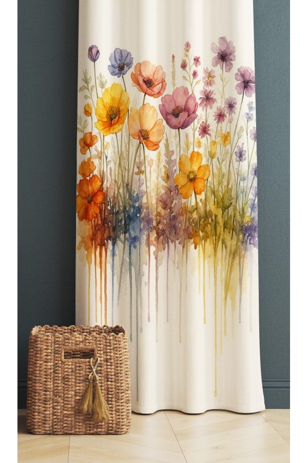 Suluboya Çiçekler Desenli Dijital Baskı Fon Perde 140x260cm