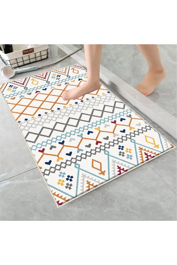 Renkli Çizgi Desenli Tekli Banyo Paspas Halısı Kaymaz Yıkanabilir
