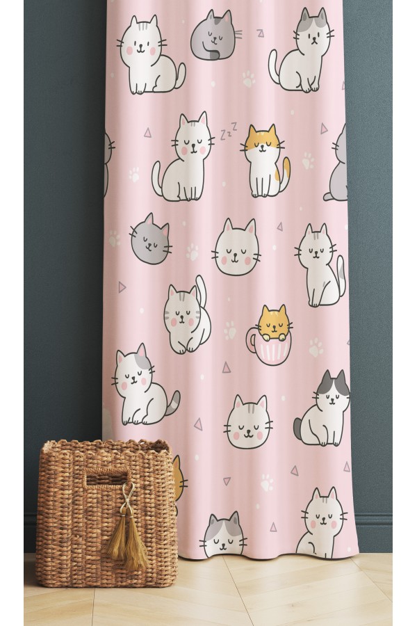 Pembe Sevimli Kediler Desenli Dijital Baskı Fon Perde 140x260cm
