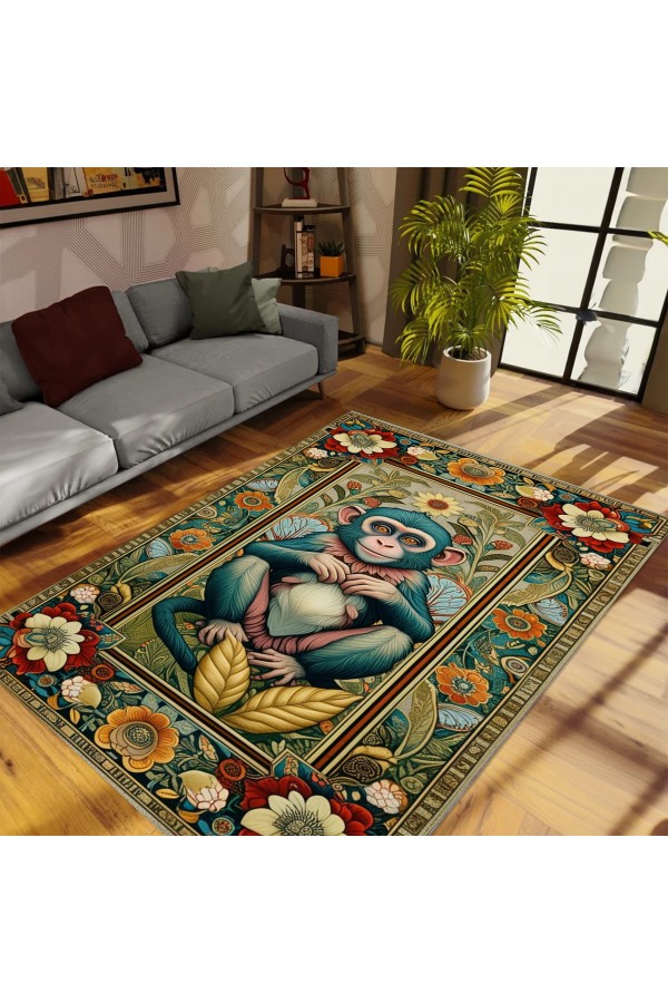 Sevimli Maymun Desenli Dokuma Şönil Kilim Halı Yıkanabilir Salon Oturma Odası Mutfak Halısı