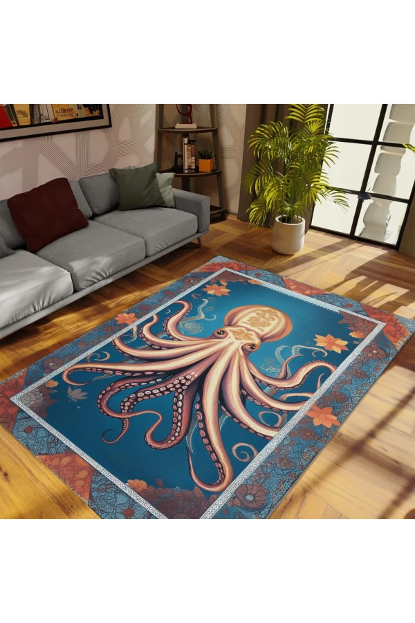 Ahtapot Marin Denizci Desenli Dokuma Şönil Kilim Halı Yıkanabilir Salon Oturma Odası Mutfak Halısı