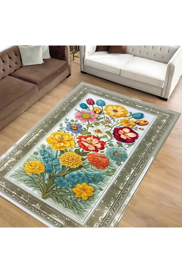 Renkli Çiçek Desenli Dokuma Şönil Kilim Halı Yıkanabilir Salon Oturma Odası Mutfak Halısı