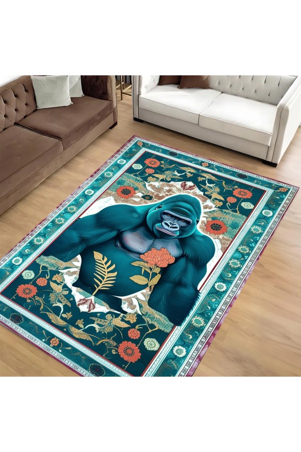 Goril Maymun Desenli Dokuma Şönil Kilim Halı Yıkanabilir Salon Oturma Odası Mutfak Halısı