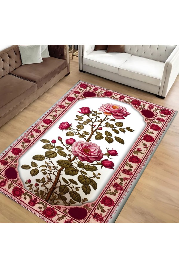 Pembe Gül Çiçek Desenli Dokuma Şönil Kilim Halı Yıkanabilir Salon Oturma Odası Mutfak Halısı