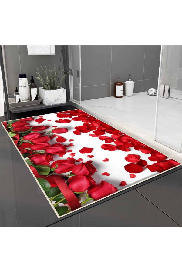 Kırmızı Güller Desenli Tekli Banyo Paspas Halısı Kaymaz Yıkanabilir
