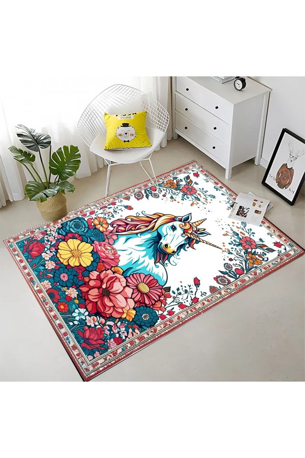 Unicorn Çocuk Desenli Dokuma Şönil Kilim Halı Yıkanabilir Salon Oturma Odası Çocuk Mutfak Halısı