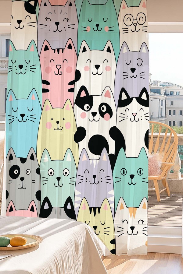 Renkli Kediler Desenli Dijital Baskı Fon Perde Salon Mutfak Yatak Odası 140x260cm Renkli Kediler Desenli Dijital Baskı Fon Perde Salon Mutfak Yatak Odası 140x260cm