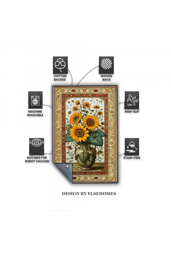 Ay Çiçeği Vazo Desenli Dokuma Şönil Kilim Halı Yıkanabilir Salon Oturma Odası Mutfak Halısı