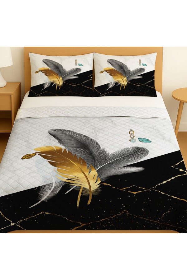 Renkli Tüyler Desenli Çift Kişilik Pike Takımı Yatak Örtüsü Renkli Tüyler Desenli Çift Kişilik Pike Takımı Yatak Örtüsü