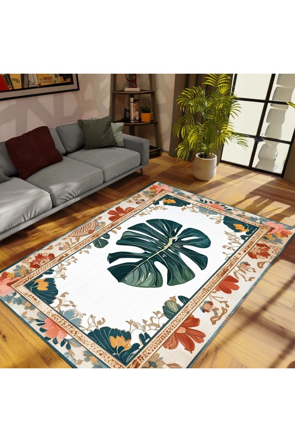 Deve Tabanı Yaprak Desenli Dokuma Şönil Kilim Halı Yıkanabilir Salon Oturma Odası Mutfak Halısı