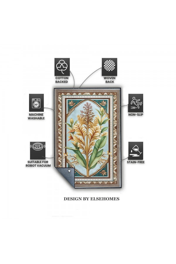 Retro Sarı Çiçek Desenli Dokuma Şönil Kilim Halı Yıkanabilir Salon Oturma Odası Mutfak Halısı