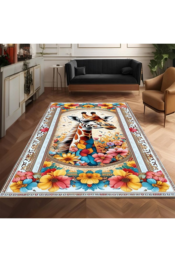 Zürafa Çiçek Desenli Dokuma Şönil Kilim Halı Yıkanabilir Salon Oturma Odası Mutfak Halısı