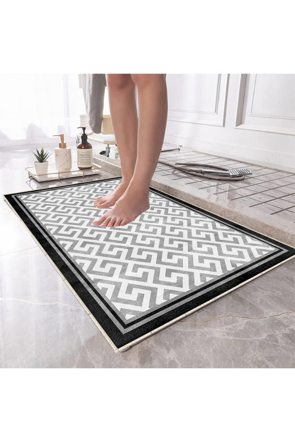 Mavi Eskitme Çizgi Desenli Tekli Banyo Paspas Halısı Kaymaz Yıkanabilir