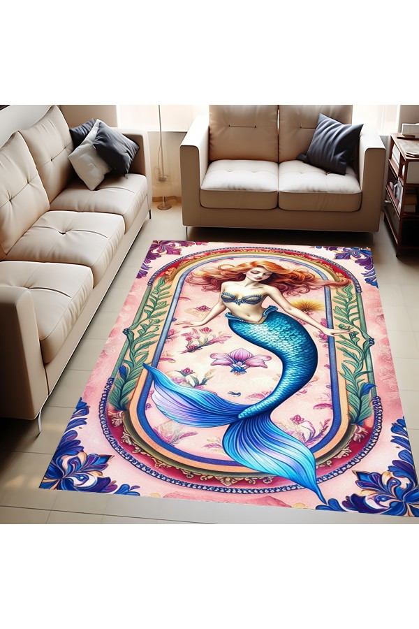 Deniz Kızı Desenli Dokuma Şönil Kilim Halı Yıkanabilir Salon Oturma Odası Çocuk Halısı