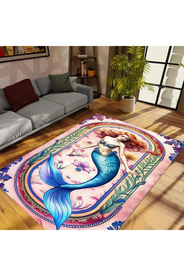 Deniz Kızı Desenli Dokuma Şönil Kilim Halı Yıkanabilir Salon Oturma Odası Çocuk Halısı