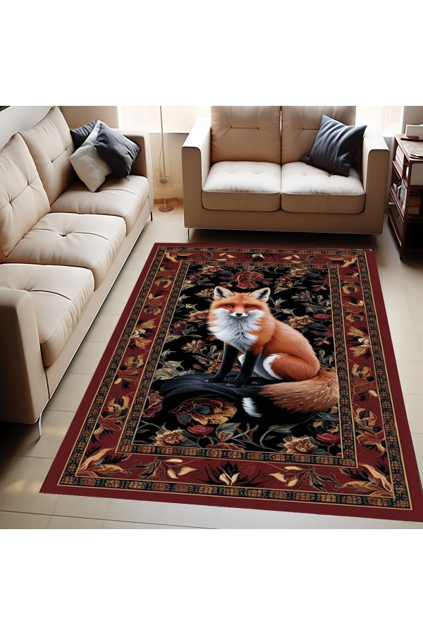 Tilki Hayvan Desenli Dokuma Şönil Kilim Halı Yıkanabilir Salon Oturma Odası Mutfak Halısı