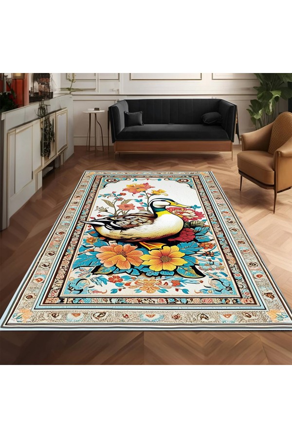 Sevimli Ördek Desenli Dokuma Şönil Kilim Halı Yıkanabilir Salon Oturma Odası Mutfak Halısı