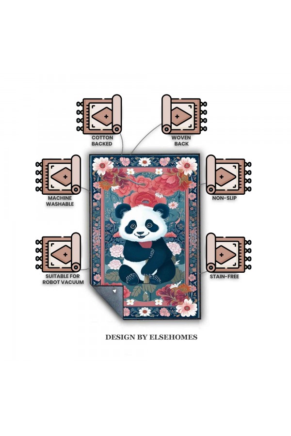 Renkli Panda Desenli Dokuma Şönil Kilim Halı Yıkanabilir Salon Oturma Odası Mutfak Halısı