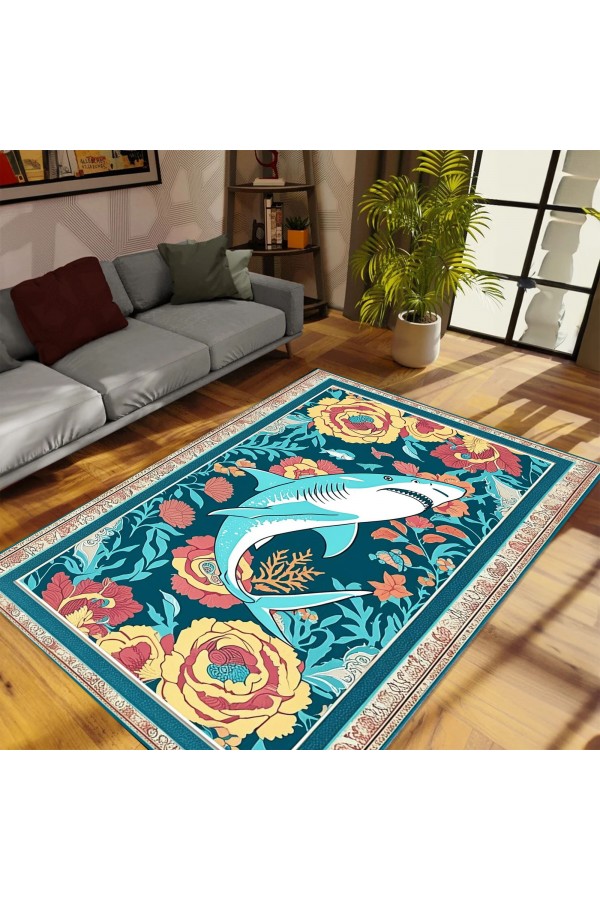 Köpek Balığı Retro Desenli Dokuma Şönil Kilim Halı Yıkanabilir Salon Oturma Odası Mutfak Halısı