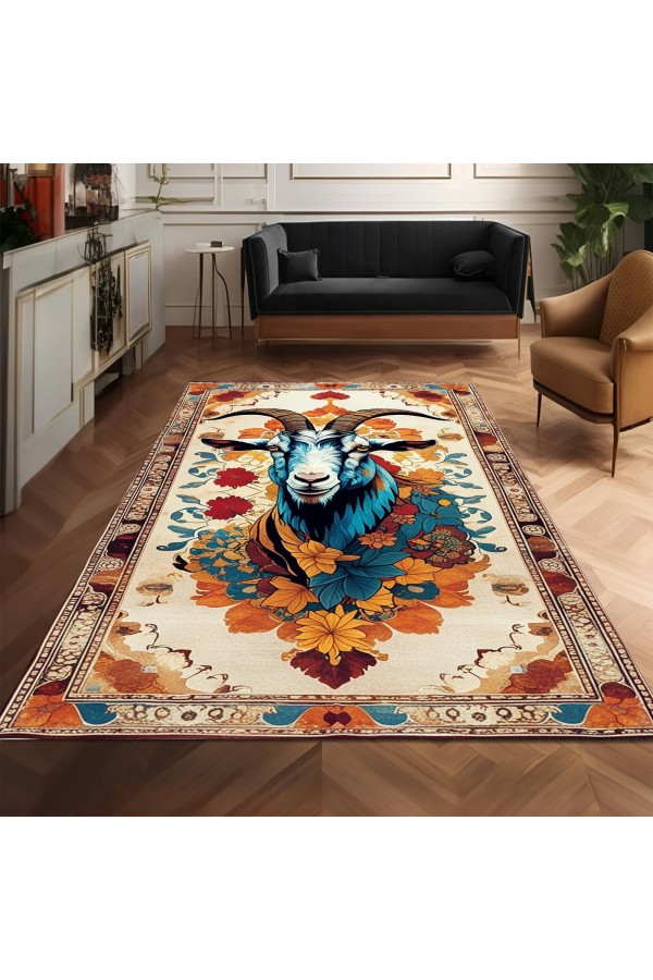Keçi Desenli Dokuma Şönil Kilim Halı Yıkanabilir Salon Oturma Odası Mutfak Halısı