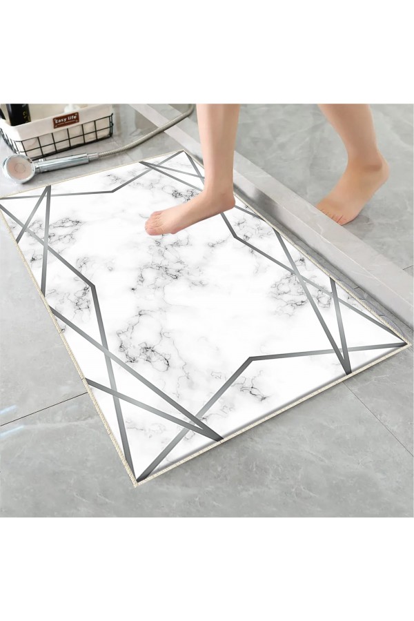 Sarı Çizgi Mermer Desenli Tekli Banyo Paspas Halısı Kaymaz Yıkanabilir
