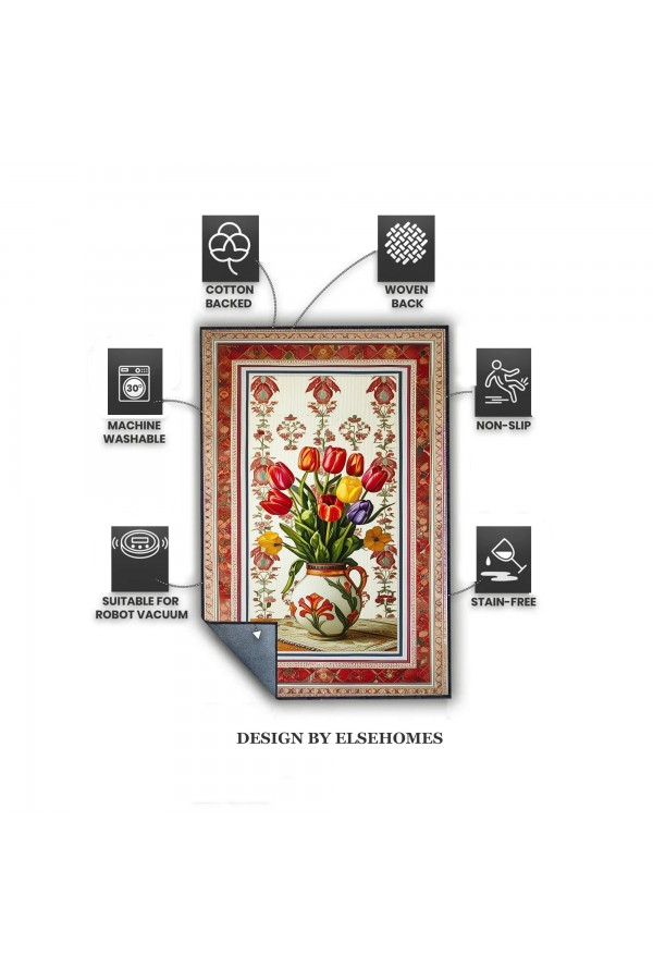 Renkli Laleler Desenli Dokuma Şönil Kilim Halı Yıkanabilir Salon Oturma Odası Mutfak Halısı