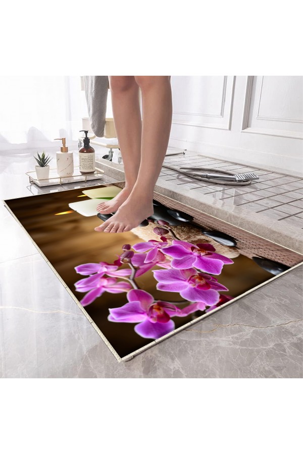 Mumlu Spa Çiçek Desenli Tekli Banyo Paspas Halısı Kaymaz Yıkanabilir