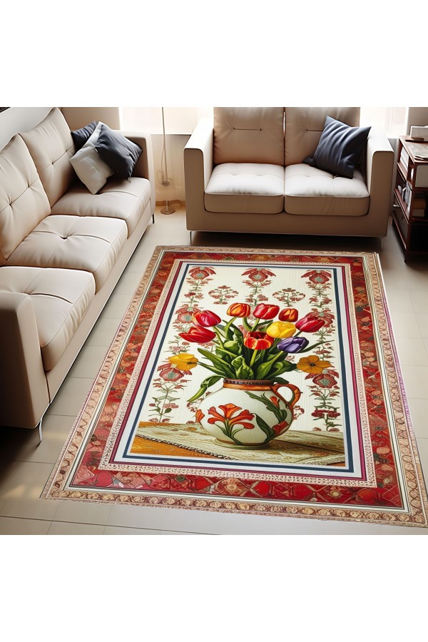 Renkli Laleler Desenli Dokuma Şönil Kilim Halı Yıkanabilir Salon Oturma Odası Mutfak Halısı