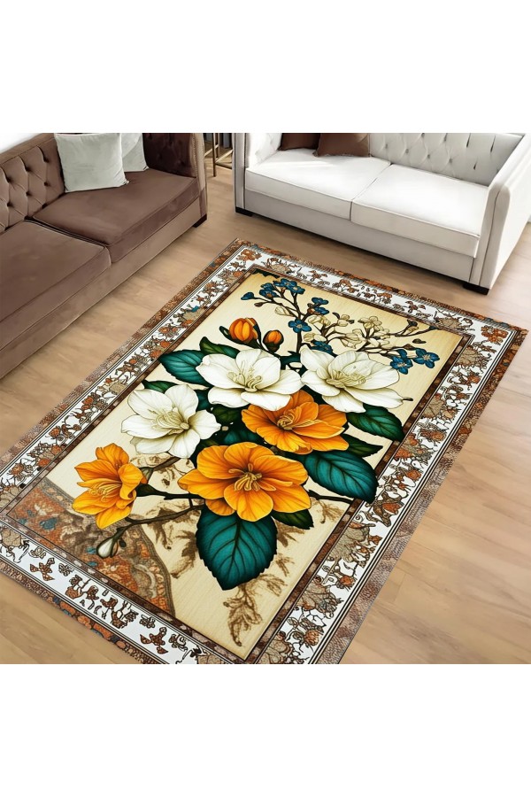 Sarı Beyaz Çiçek Desenli Dokuma Şönil Kilim Halı Yıkanabilir Salon Oturma Odası Mutfak Halısı