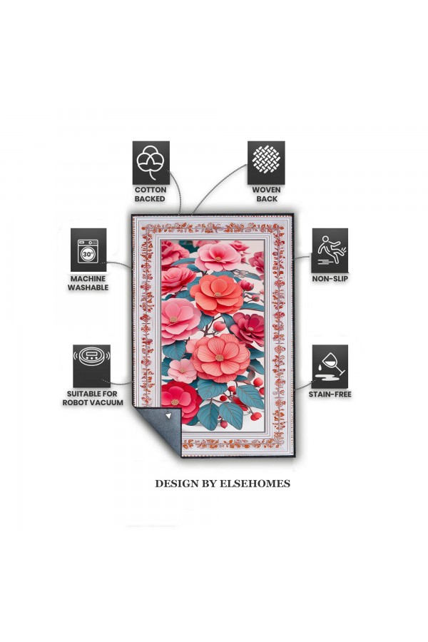 Renkli Çiçek Desenli Dokuma Şönil Kilim Halı Yıkanabilir Salon Oturma Odası Mutfak Halısı