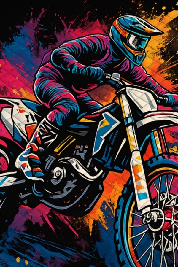 Renkli Motorcu Desenli Çift Kişilik Pike Takımı Yatak Örtüsü Renkli Motorcu Desenli Çift Kişilik Pike Takımı Yatak Örtüsü