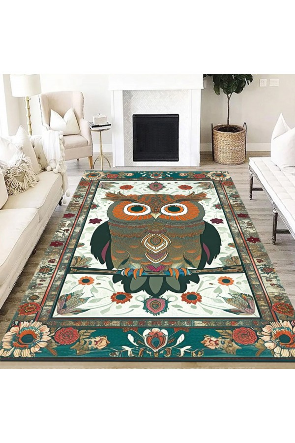 Baykuş Desenli Dokuma Şönil Kilim Halı Yıkanabilir Salon Oturma Odası Mutfak Halısı