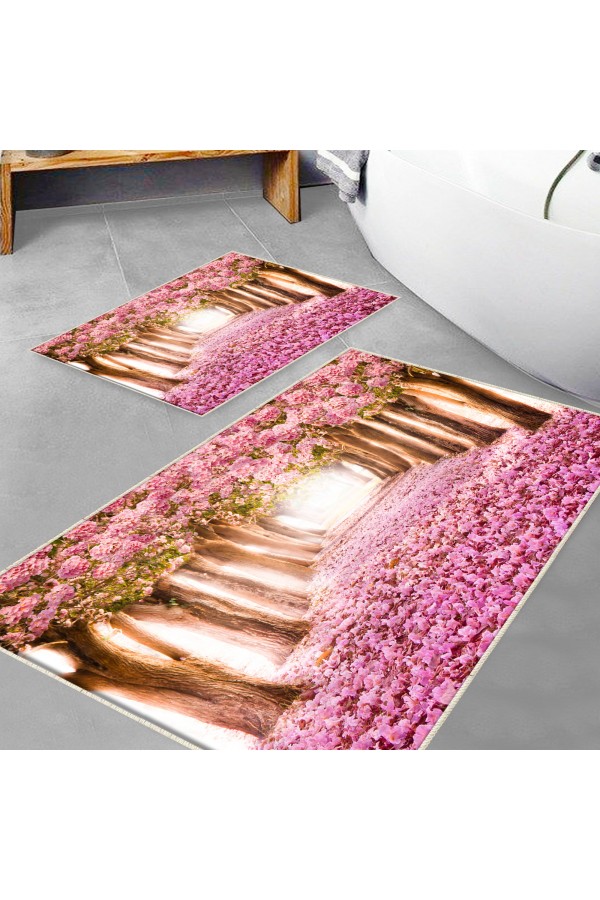 Pembe Ağaçlar Aşk Yolu Desenli 2 li Klozet Takımı Banyo Paspas Halısı Kaymaz Yıkanabilir Pembe Ağaçlar Aşk Yolu Desenli 2 li Klozet Takımı Banyo Paspas Halısı Kaymaz Yıkanabilir