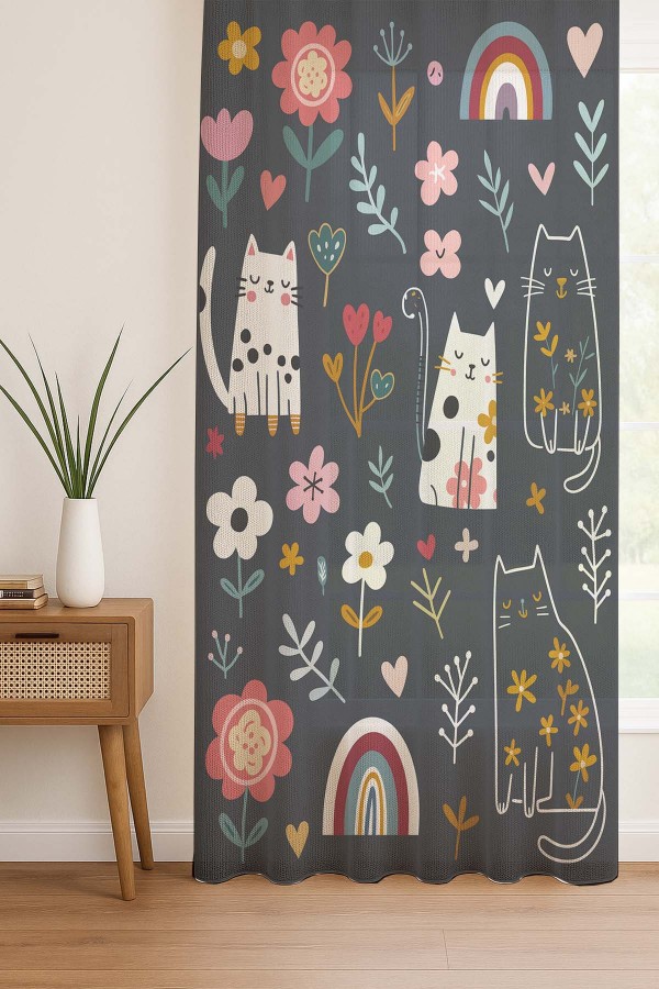 Mistik Kedili Desenli Dijital Baskı Fon Perde Salon Mutfak Yatak Odası 140x260cm