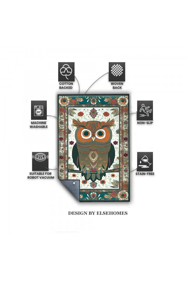 Baykuş Desenli Dokuma Şönil Kilim Halı Yıkanabilir Salon Oturma Odası Mutfak Halısı