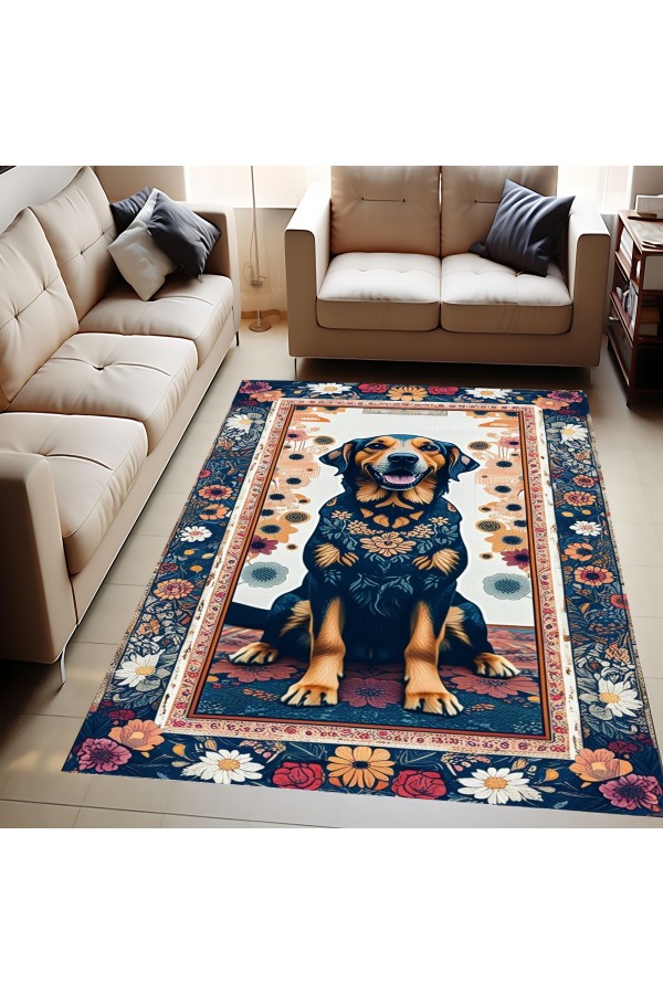 Renkli Köpek Desenli Dokuma Şönil Kilim Halı Yıkanabilir Salon Oturma Odası Mutfak Halısı