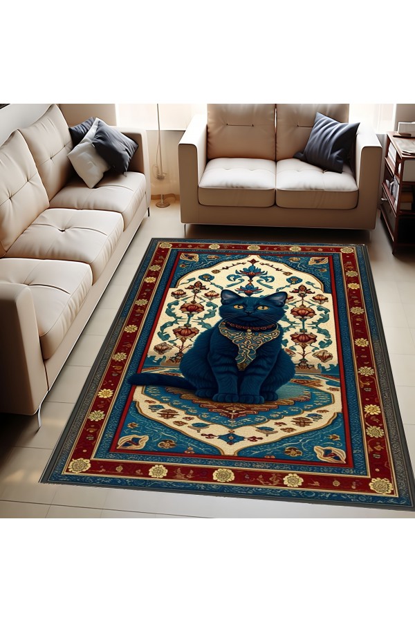 Gotik Kedi Desenli Dokuma Şönil Kilim Halı Yıkanabilir Salon Oturma Odası Mutfak Halısı