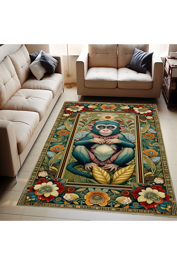 Sevimli Maymun Desenli Dokuma Şönil Kilim Halı Yıkanabilir Salon Oturma Odası Mutfak Halısı