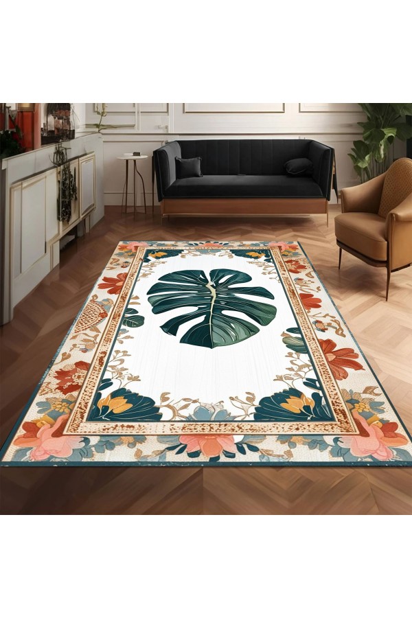 Deve Tabanı Yaprak Desenli Dokuma Şönil Kilim Halı Yıkanabilir Salon Oturma Odası Mutfak Halısı