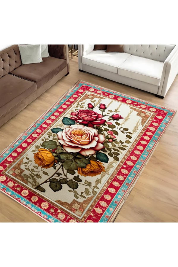 Renkli Retro Çiçek Desenli Dokuma Şönil Kilim Halı Yıkanabilir Salon Oturma Odası Mutfak Halısı