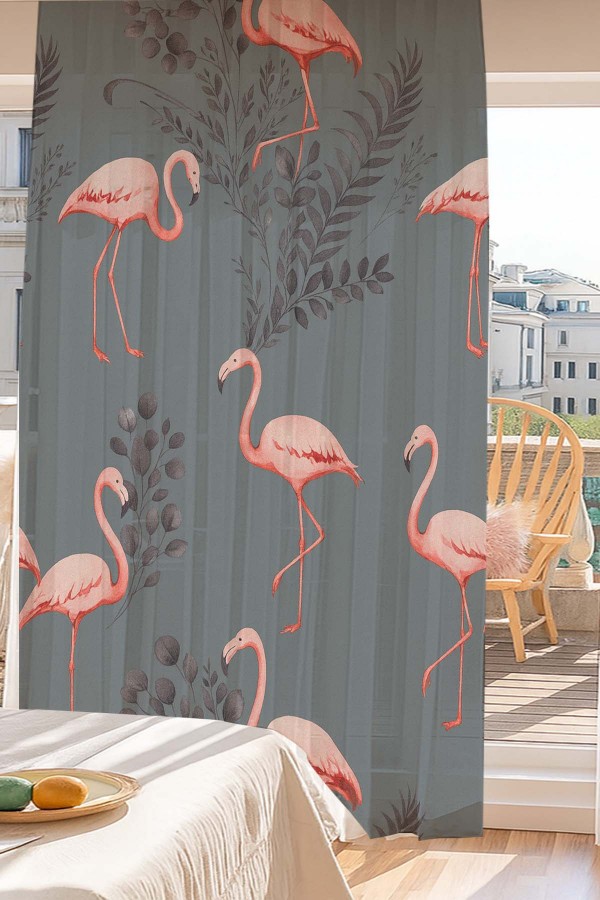 Pembe Flamingo Gri Desenli Dijital Baskı Fon Perde Salon Mutfak Yatak Odası 140x260cm