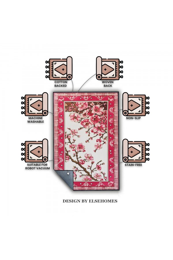 Pembe Sakura Ağaç Çiçek Desenli Dokuma Şönil Kilim Halı Yıkanabilir Salon Oturma Odası Mutfak Halısı