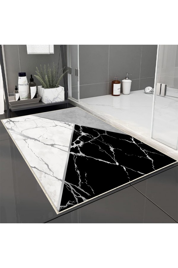 Gri Siyah Karolar Desenli Tekli Banyo Paspas Halısı Kaymaz Yıkanabilir