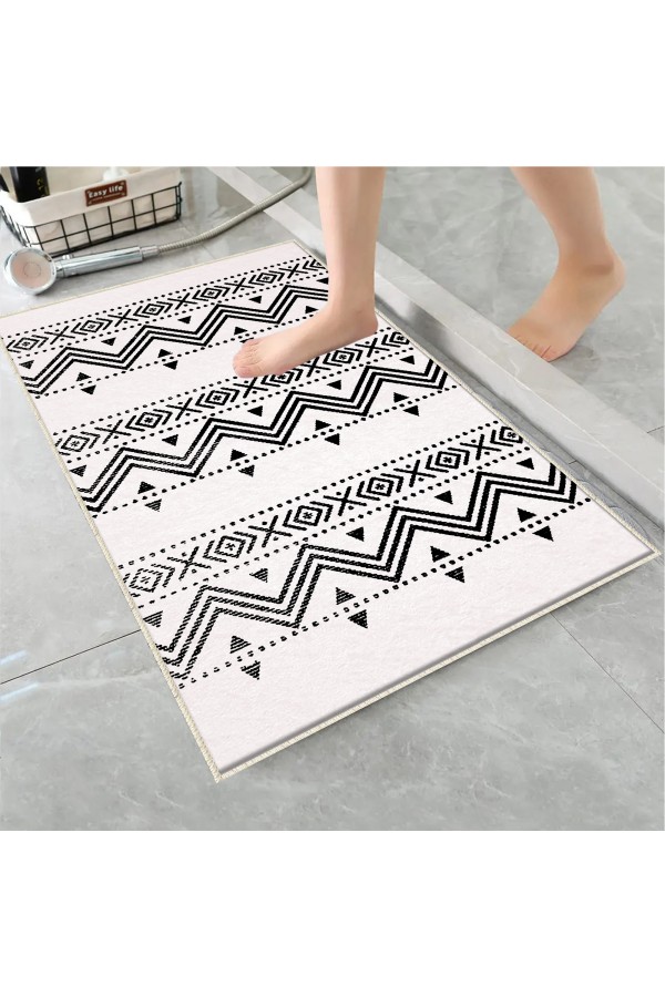 Siyah Beyaz Bohem Desenli Tekli Banyo Paspas Halısı Kaymaz Yıkanabilir