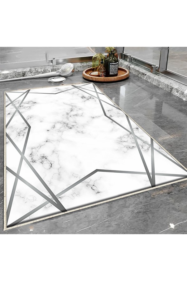 Sarı Çizgi Mermer Desenli Tekli Banyo Paspas Halısı Kaymaz Yıkanabilir